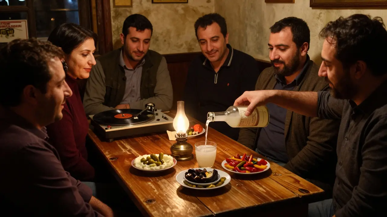A cozy raki bar with wooden tables, flickering lamp, and locals sharing meze under soft light.
