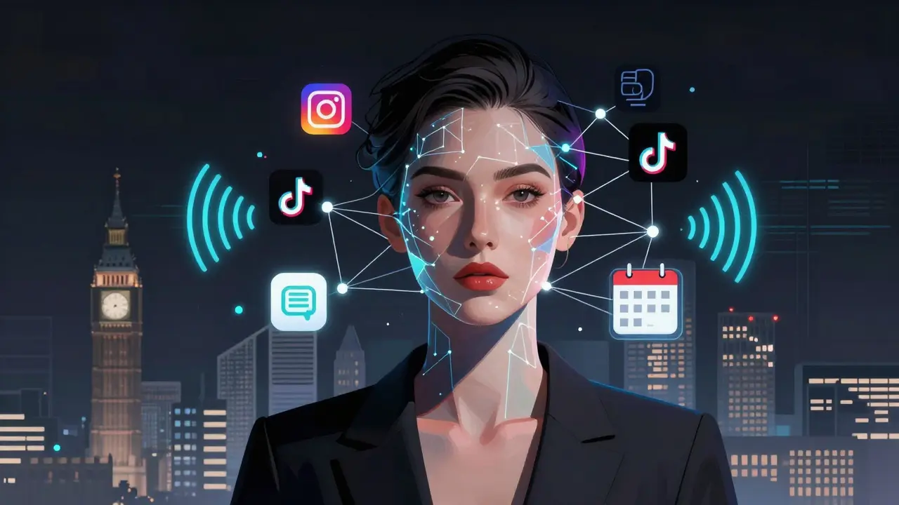 A digital portrait of an escort as an entrepreneur, made of social media icons, payment systems, and data streams.