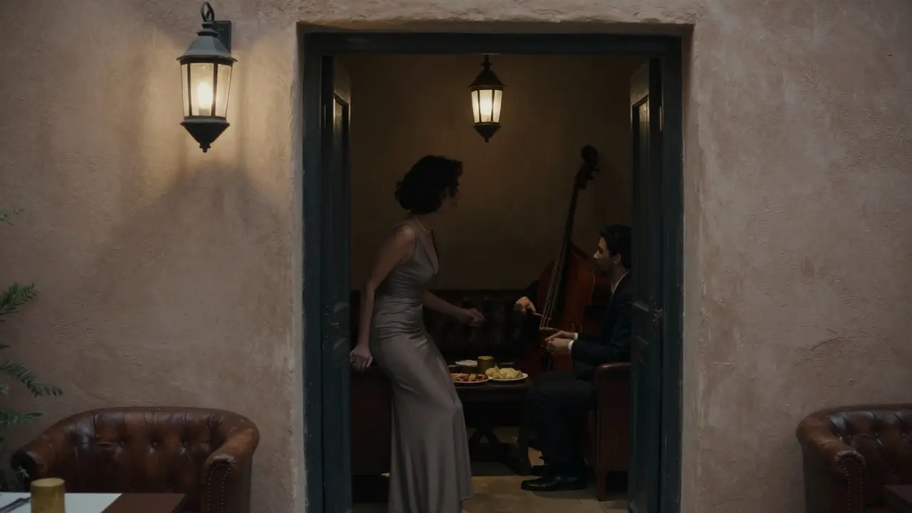 A discreet dinner at a hidden lounge with soft lighting and no visible phones or cameras.