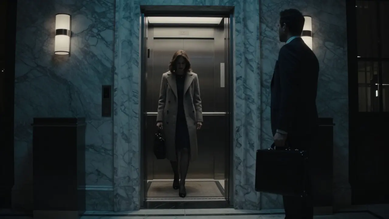 A discreetly dressed woman entering a luxury London elevator, her face in shadow, conveying anonymity and professionalism.