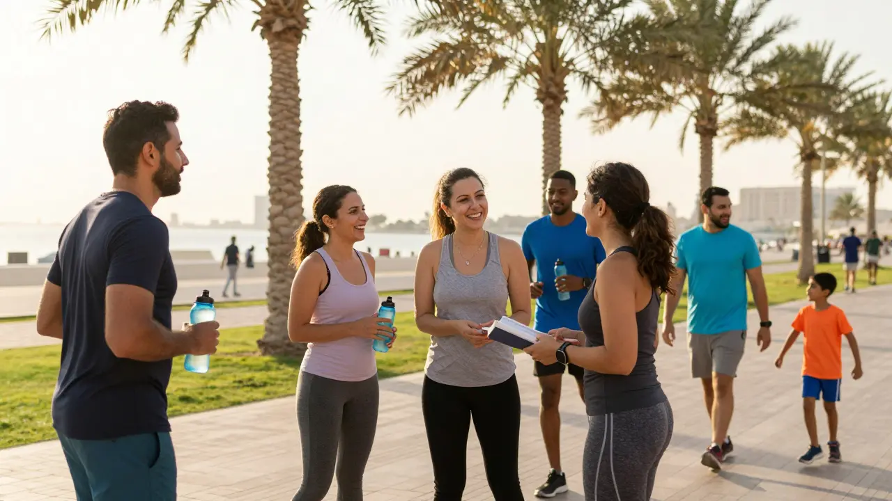 A diverse group of people jog and socialize together in a sunny Abu Dhabi park, sharing books and laughter.