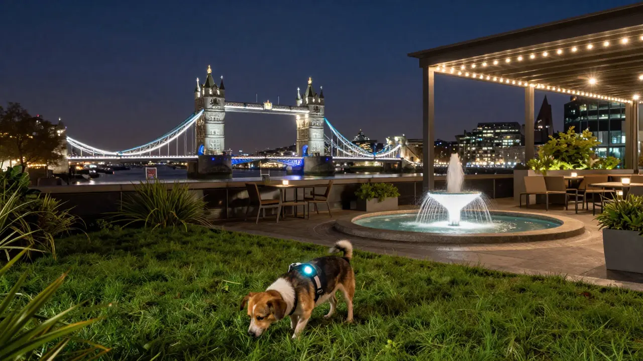 A dog explores grass on a quiet rooftop terrace under starlight with Tower Bridge in the distance.