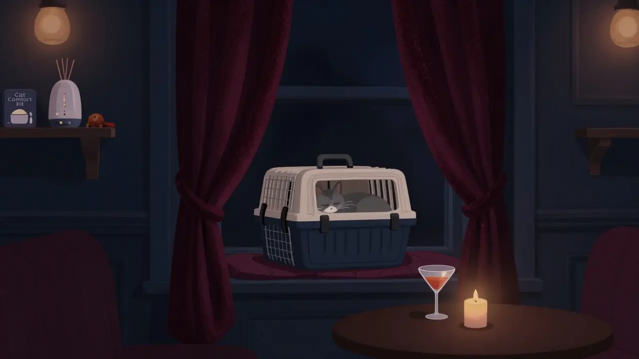 A gray cat naps in a carrier on a windowsill at a quiet lounge with soft lighting and a cat comfort kit.