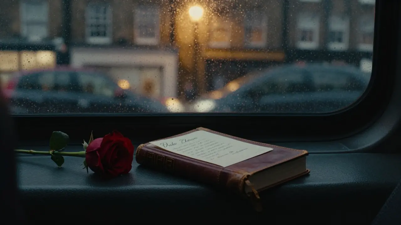 A handwritten note and a single red rose on a car seat, city lights glowing through a rainy window.