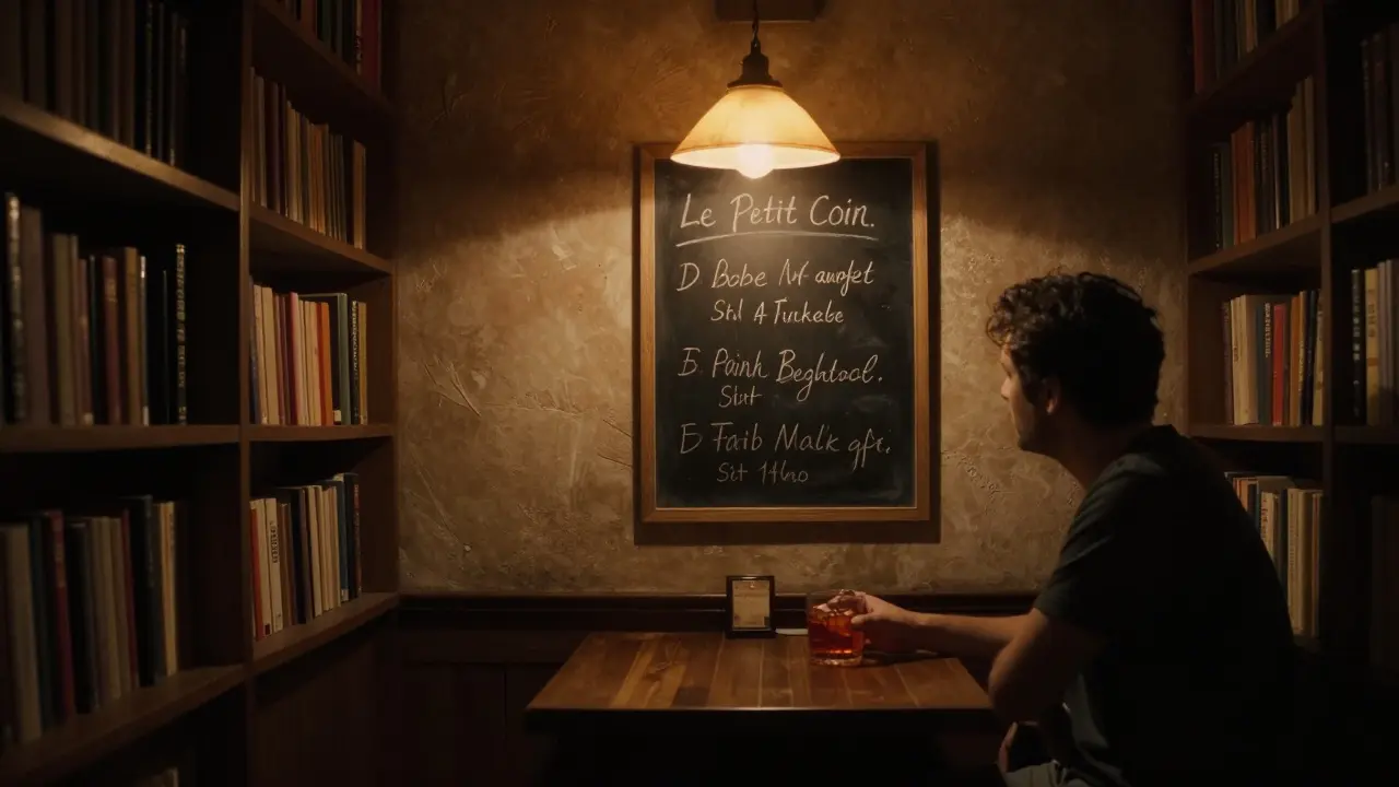 A hidden basement bar with books, warm light, and a chalkboard listing three classic drinks.