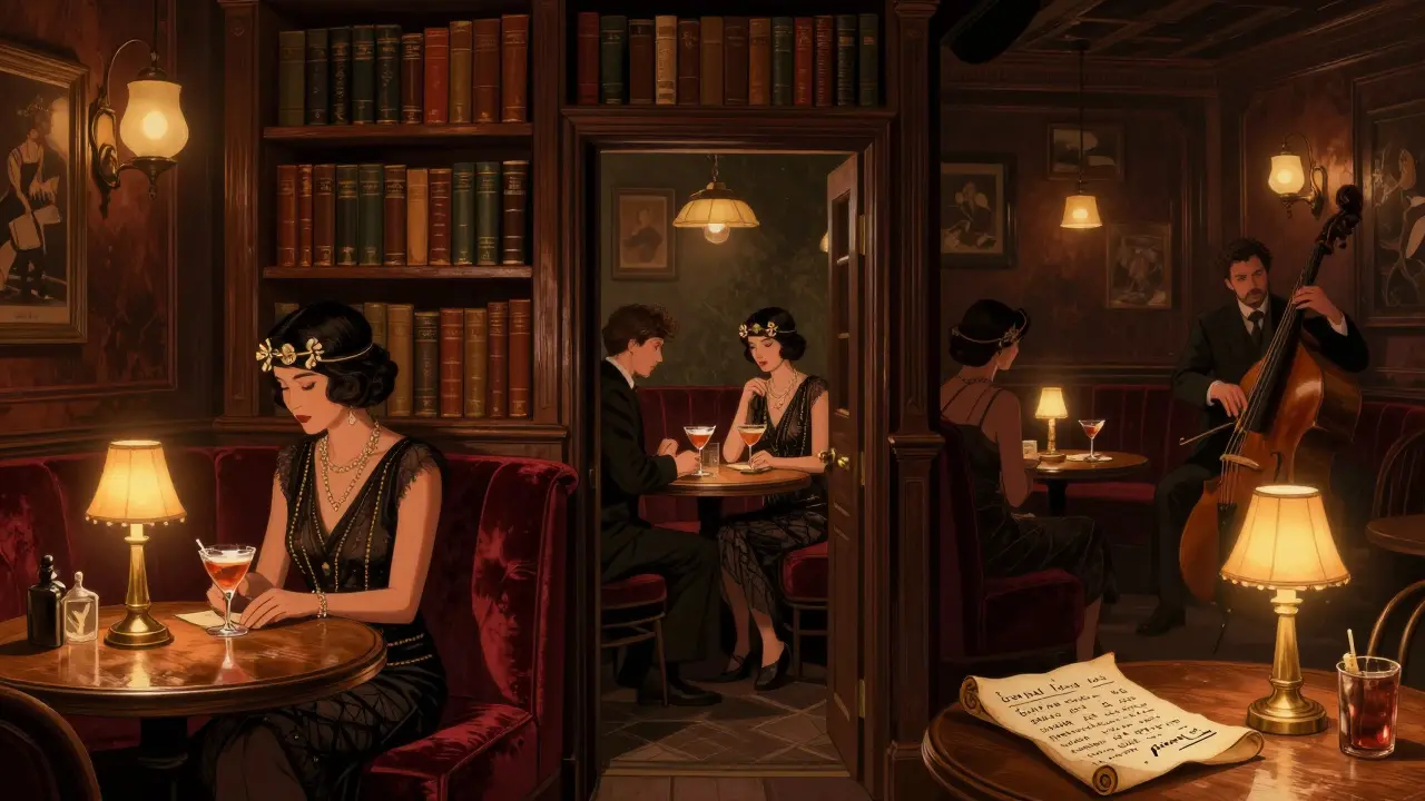 A hidden speakeasy with velvet booths and brass lamps, accessed through a bookshelf.