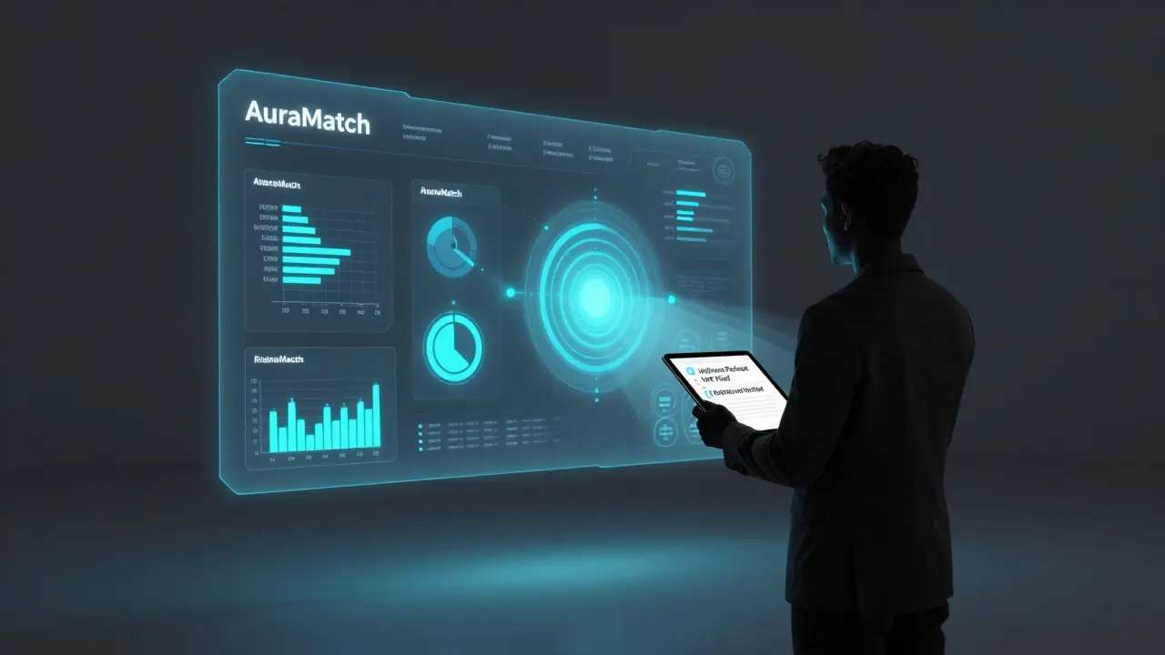A holographic AI matching system displaying emotional profiles and wellness services in a minimalist studio.