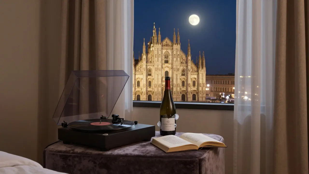 A key hovers above a hotel nightstand with wine, record player, and open poetry book as the Duomo glows outside.