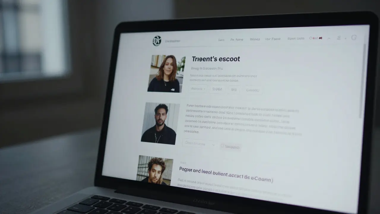 A laptop screen shows a realistic escort profile with detailed bio about Paris culture, no stock photos or exaggerated claims.