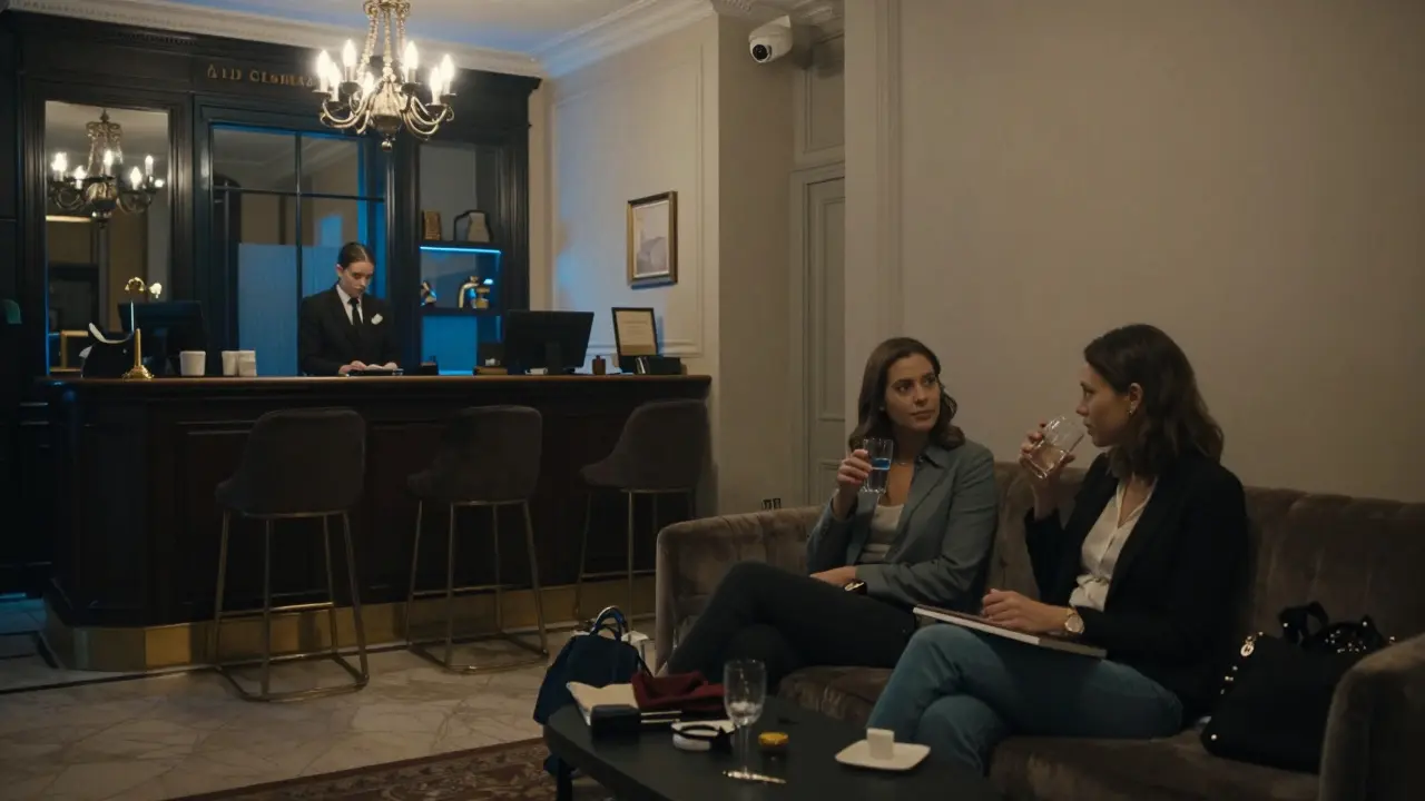 A man and woman meeting safely in a well-lit hotel lobby in Paris.
