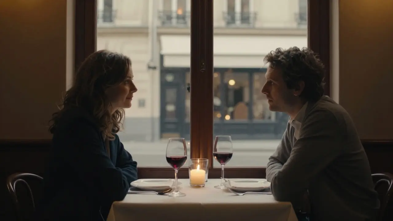 A man and woman share a quiet dinner in a Paris bistro, engaged in conversation under candlelight with city views.