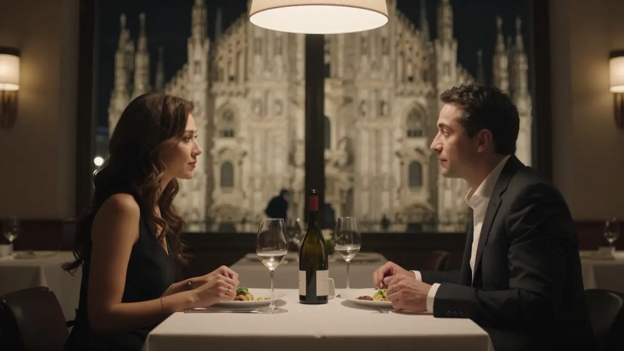 A man and woman sharing a quiet, refined dinner in a Milan restaurant with the Duomo visible in the background.