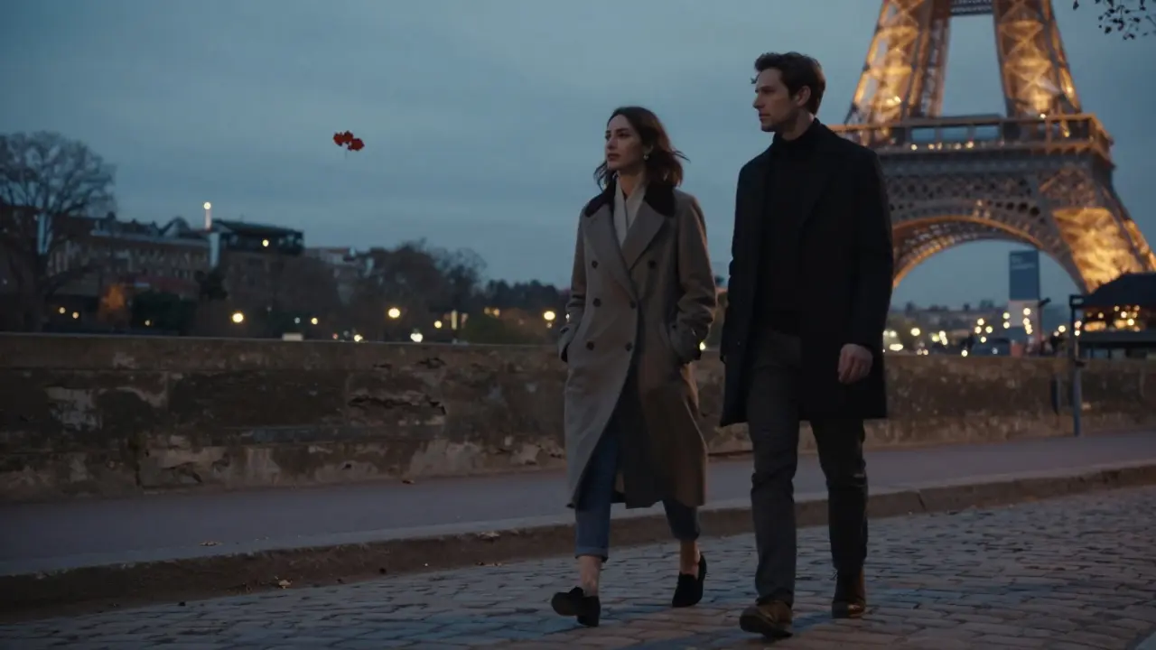 A man and woman walking peacefully along the Seine at dusk, Eiffel Tower in the distance.