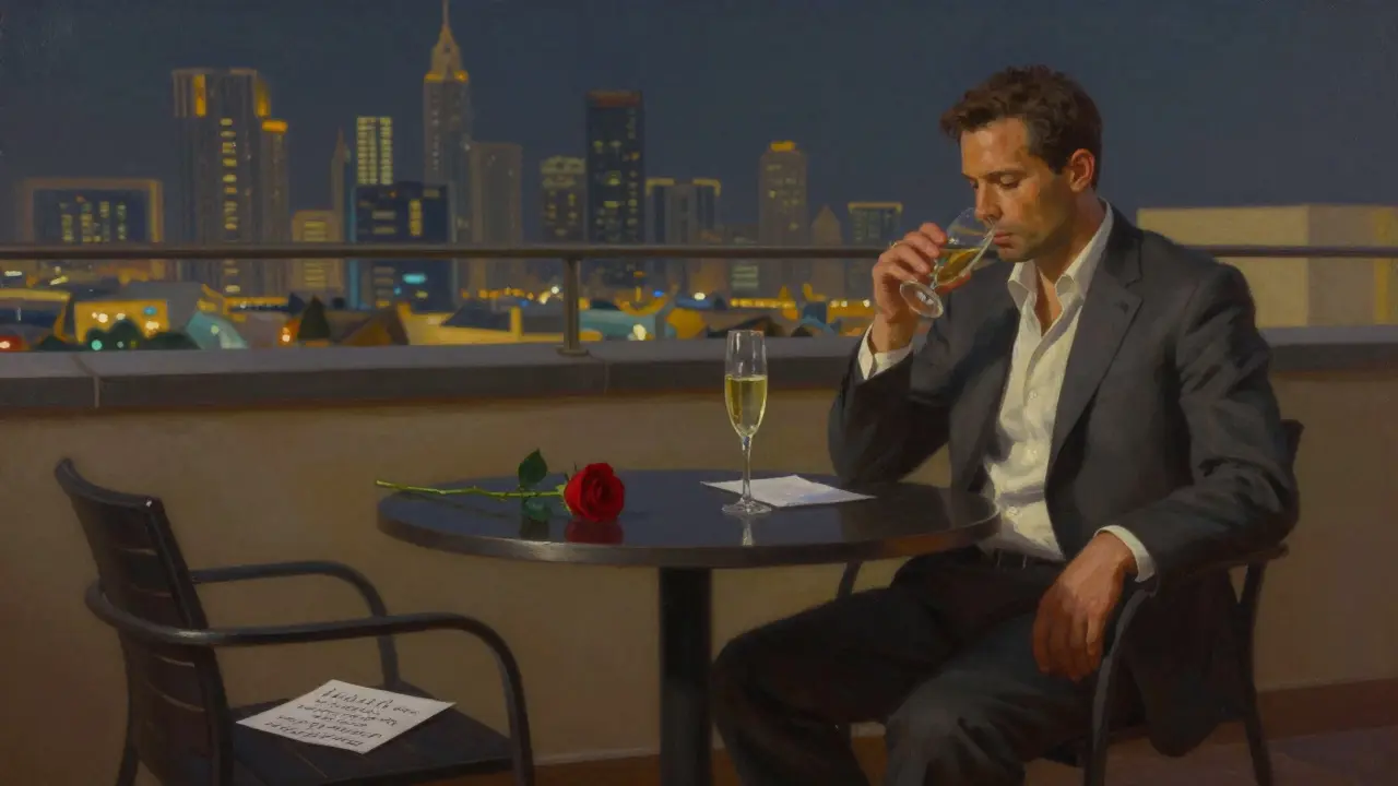 A man at a rooftop table with a rose and letter, empty chair beside him, Dubai skyline at dawn.