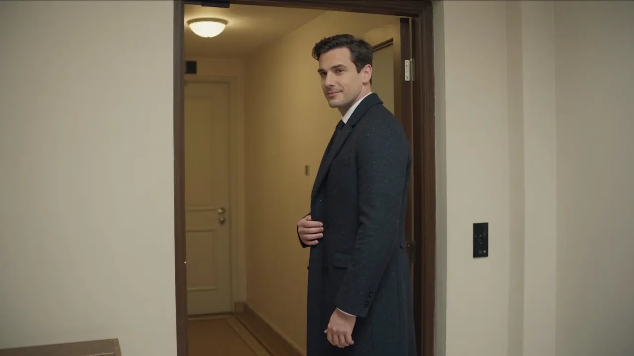 A man exits a Paris hotel with quiet dignity, no gestures of attachment, just a respectful farewell.