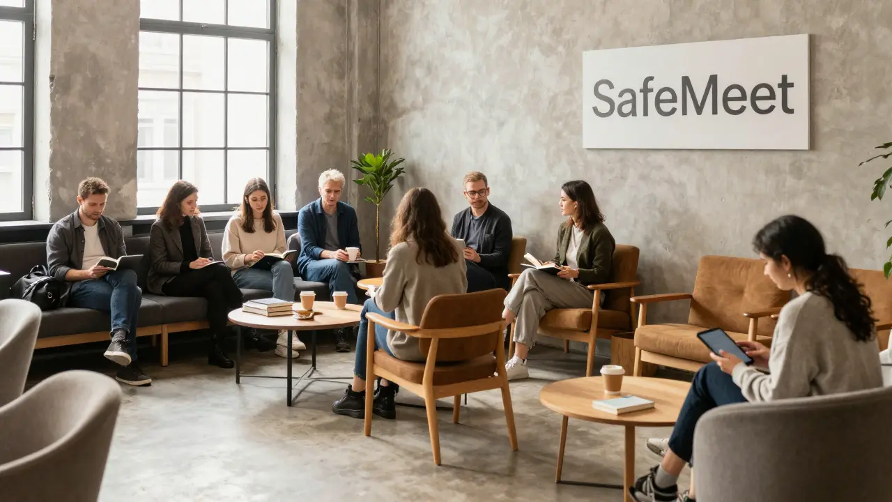 A modern, peaceful lounge space in Berlin where people sit quietly, suggesting safe companionship services.