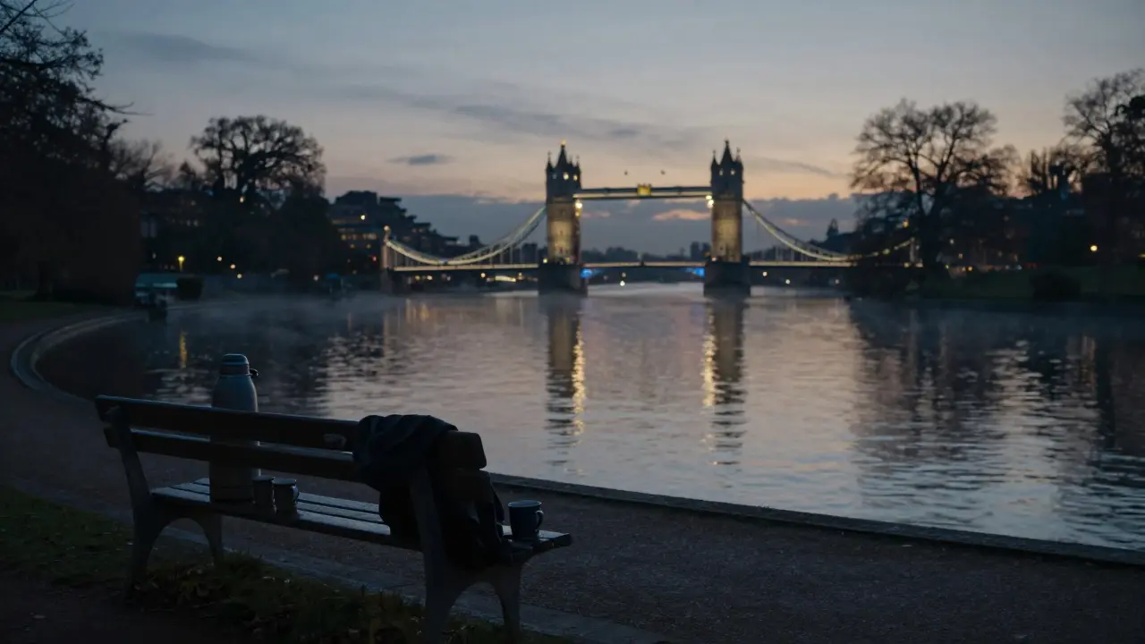 A peaceful walk along the Serpentine at dusk, lights reflecting on water with a thermos on a bench.