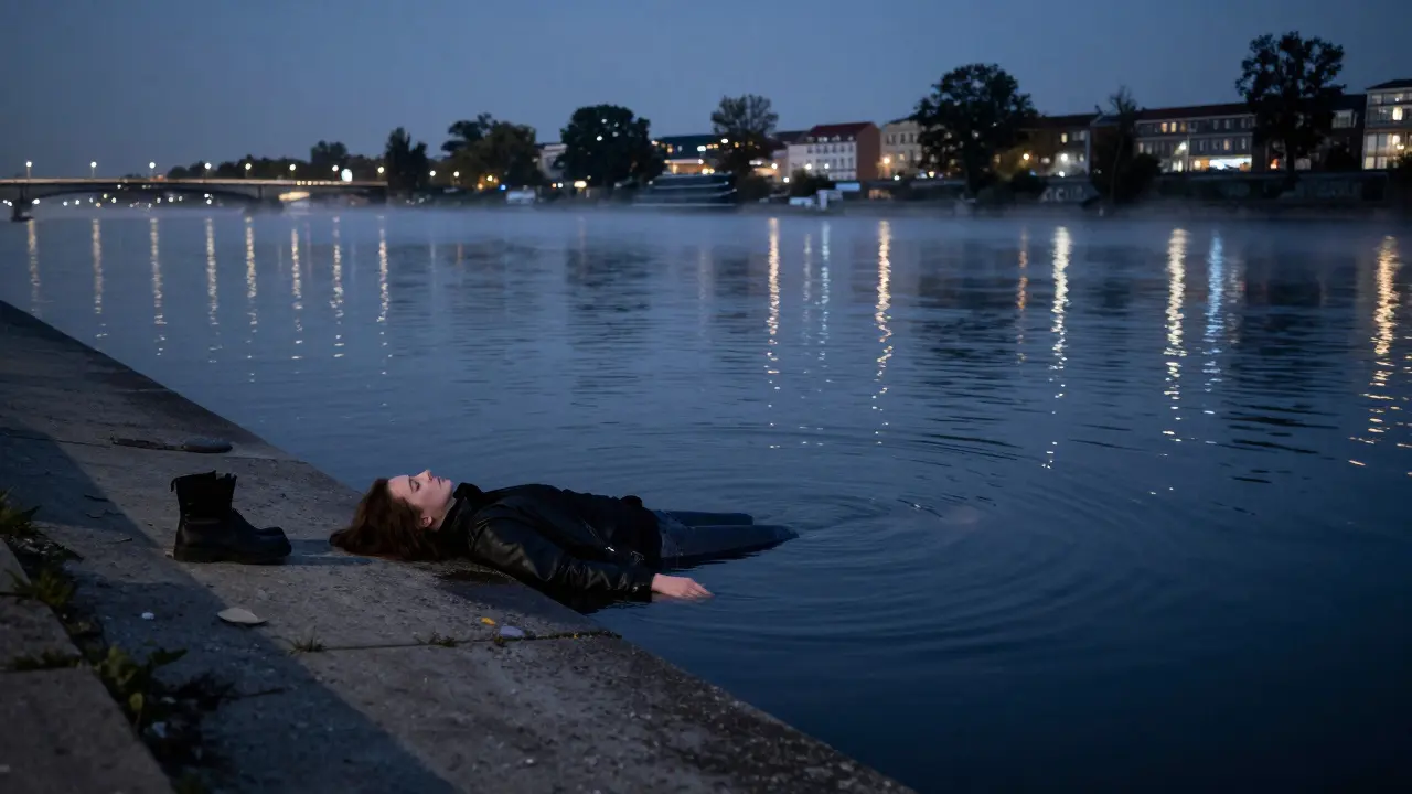 A person lying on the edge of a floating pool at dawn, city lights reflecting on the water.