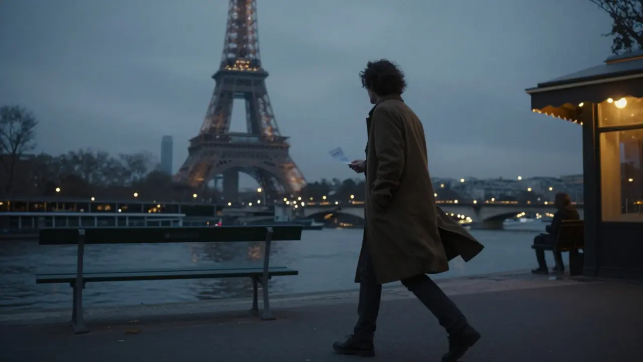 A person walking away from the Seine at dusk, holding a note, the Eiffel Tower glowing faintly behind them.