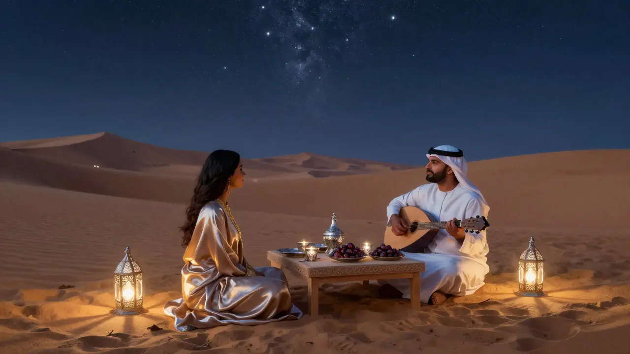 A private desert dinner under the stars with lanterns and traditional seating in the dunes.