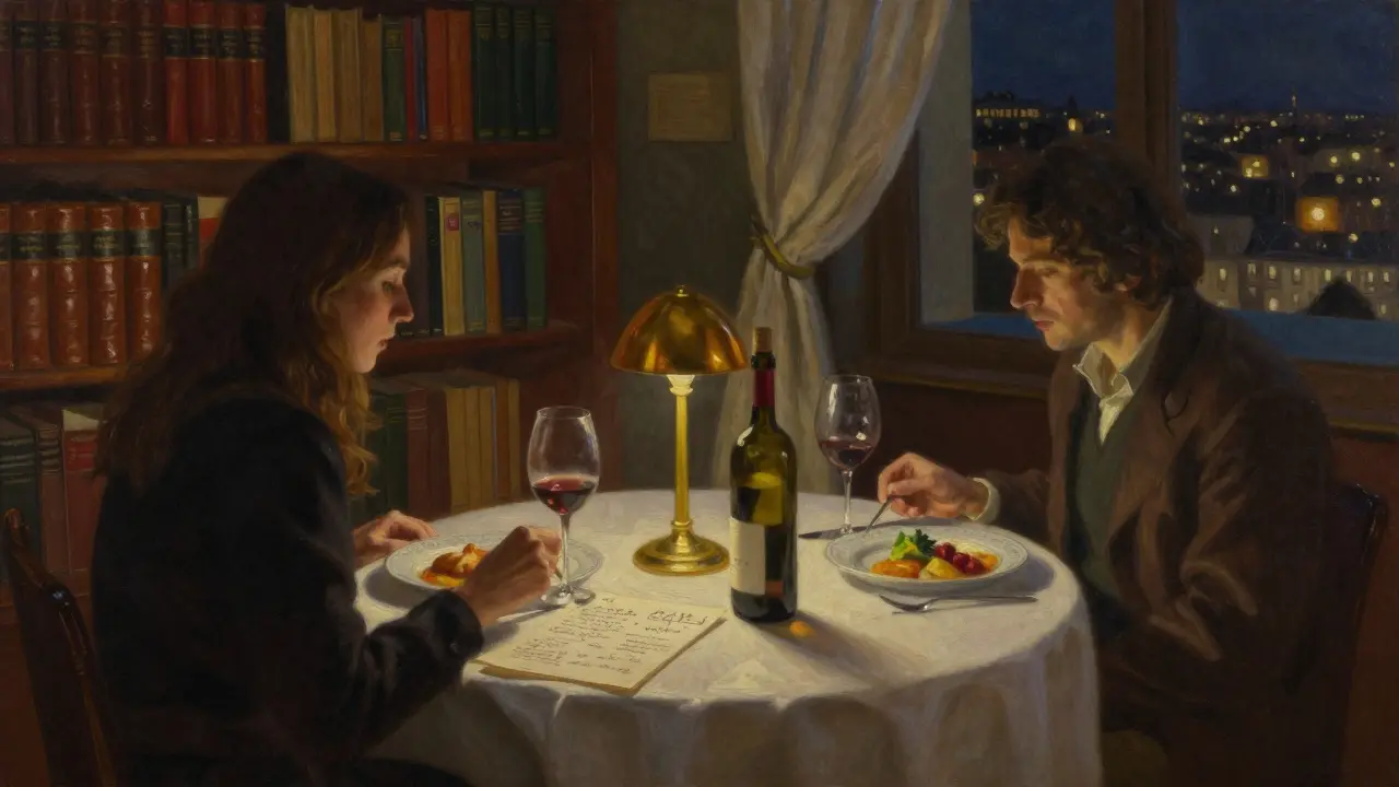 A private dinner in a bookstore loft with wine, handwritten menu, and soft lamplight in Milan.