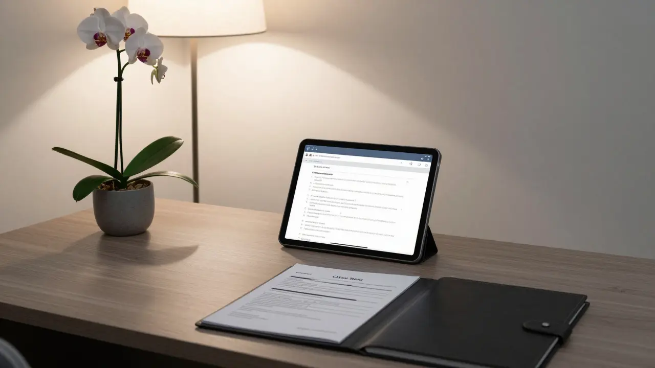 A professional escort agency office with text-only profiles and minimalist decor, conveying discretion.