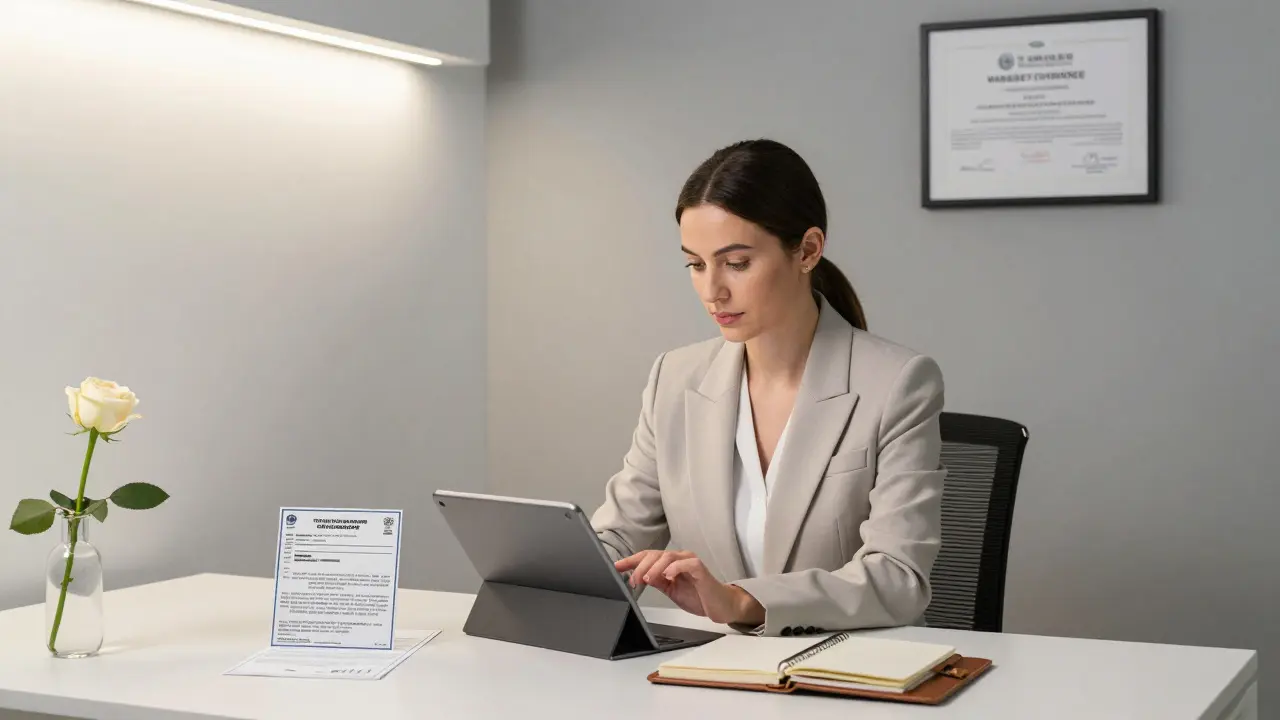 A professional woman reviewing a legal contract in a minimalist Berlin office with tax registration visible.