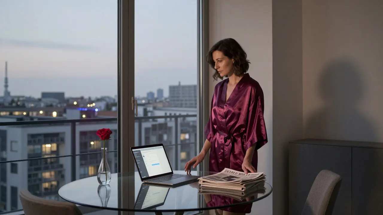 A professional woman standing by a window in her minimalist Berlin apartment at dusk.