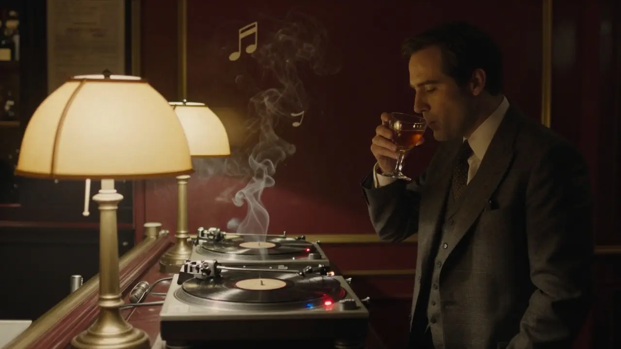 A quiet bar interior with a DJ playing vinyl, soft jazz lighting, and a lone guest enjoying a cocktail.