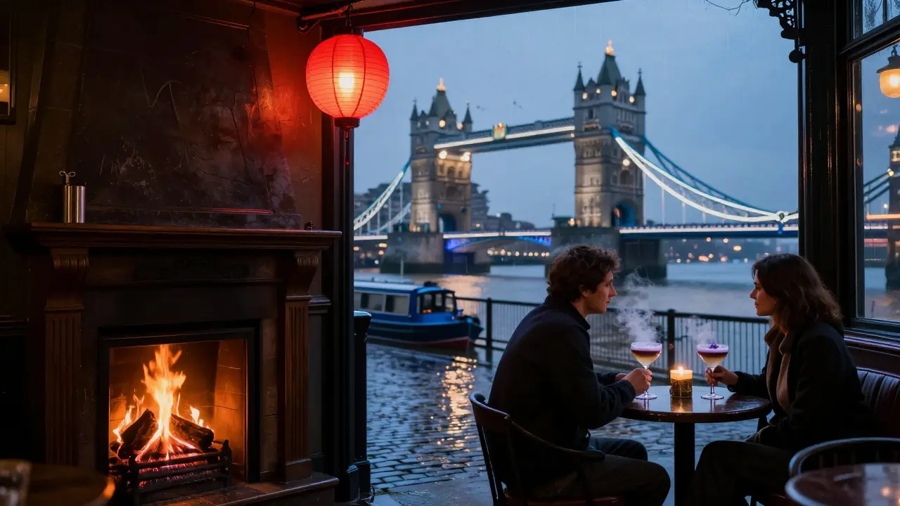A quiet riverside bar at night with a red lantern, a fireplace glowing inside, and a cocktail with lavender foam as the Thames glows beyond the window.
