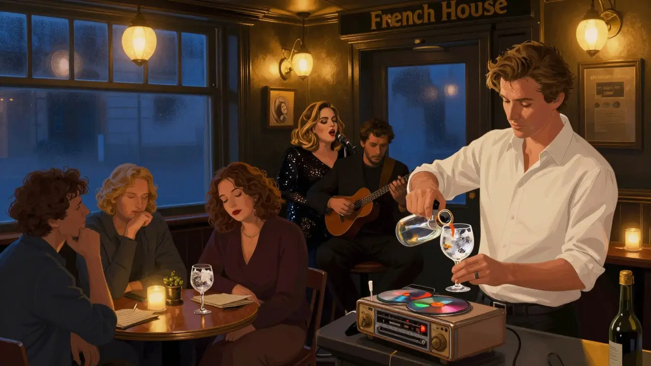 A small Soho pub with a jukebox playing music, a bartender pouring a gin and tonic, and a singer on stage surrounded by attentive guests.