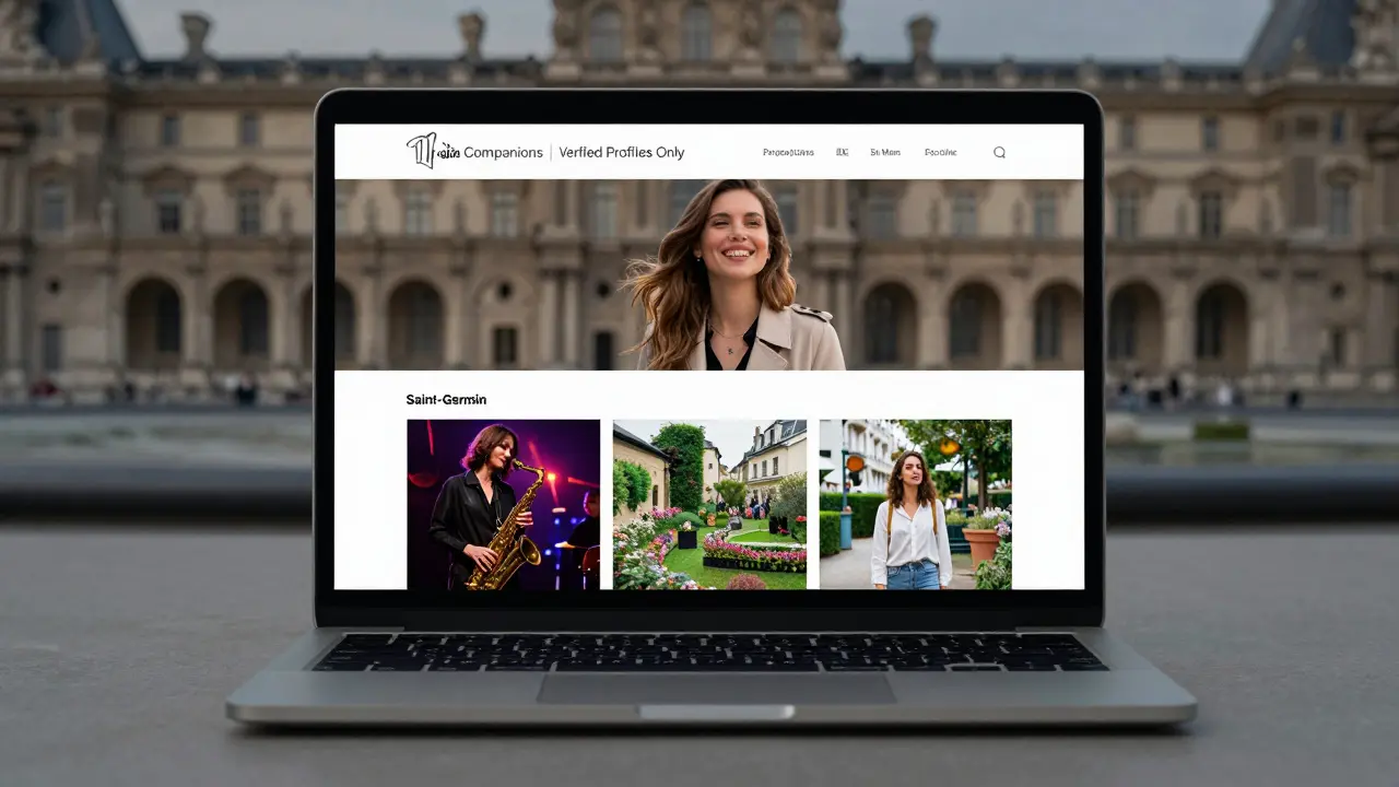 A woman&#039;s verified escort profile showing photos of her in Parisian cultural settings.