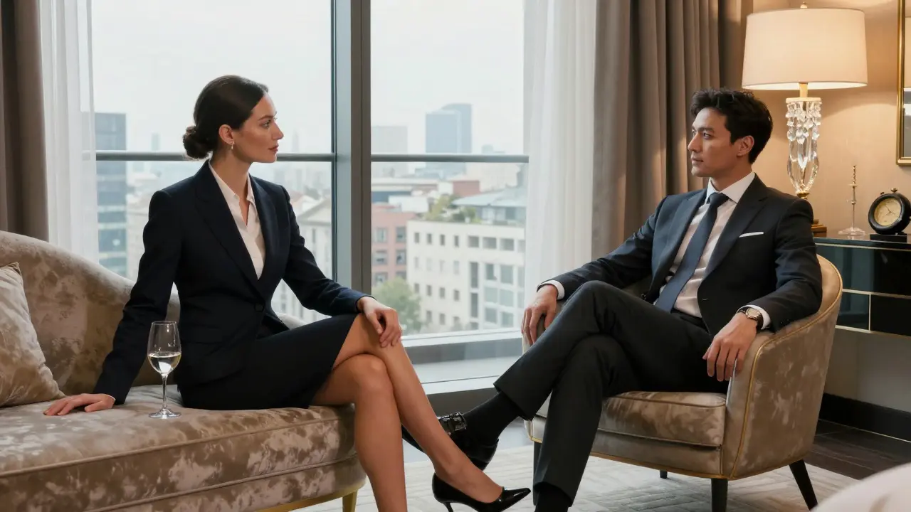 A woman and man sit in a luxurious hotel suite, engaged in quiet conversation, no physical contact, elegant ambiance.