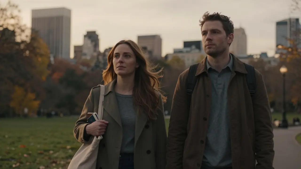 A woman and man walking peacefully through Hyde Park at sunset, sharing quiet companionship under golden autumn light.