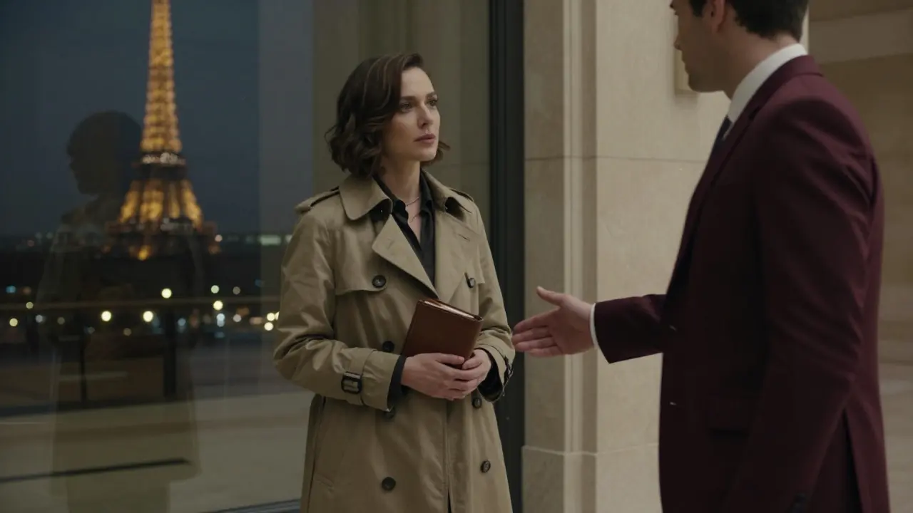A woman greeting a client in a hotel lobby, the Eiffel Tower visible in the reflection.