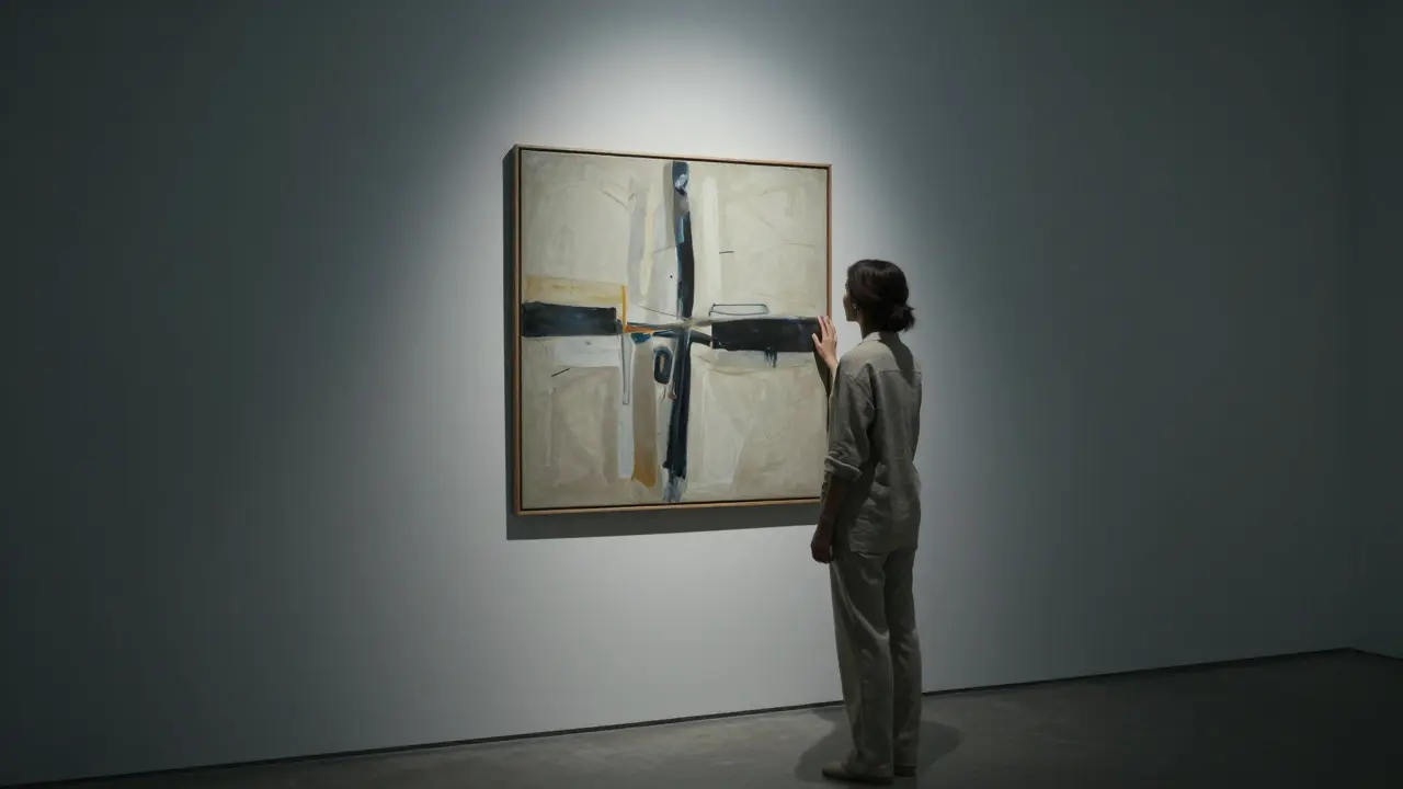 A woman in neutral attire stands before an abstract painting in a quiet art gallery, softly touching the frame under a single spotlight.