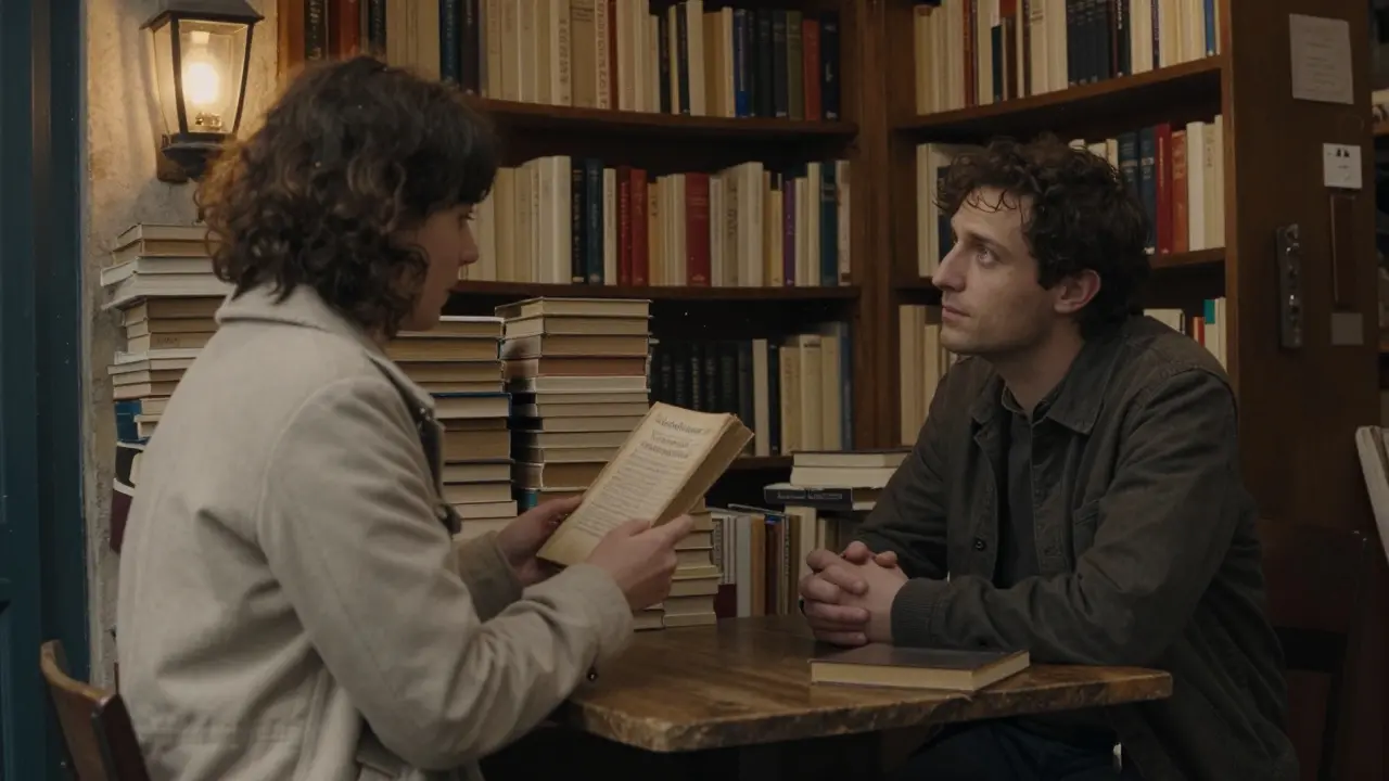 A woman offering a book of French poetry to a man in a cozy, book-filled bookstore in Paris.