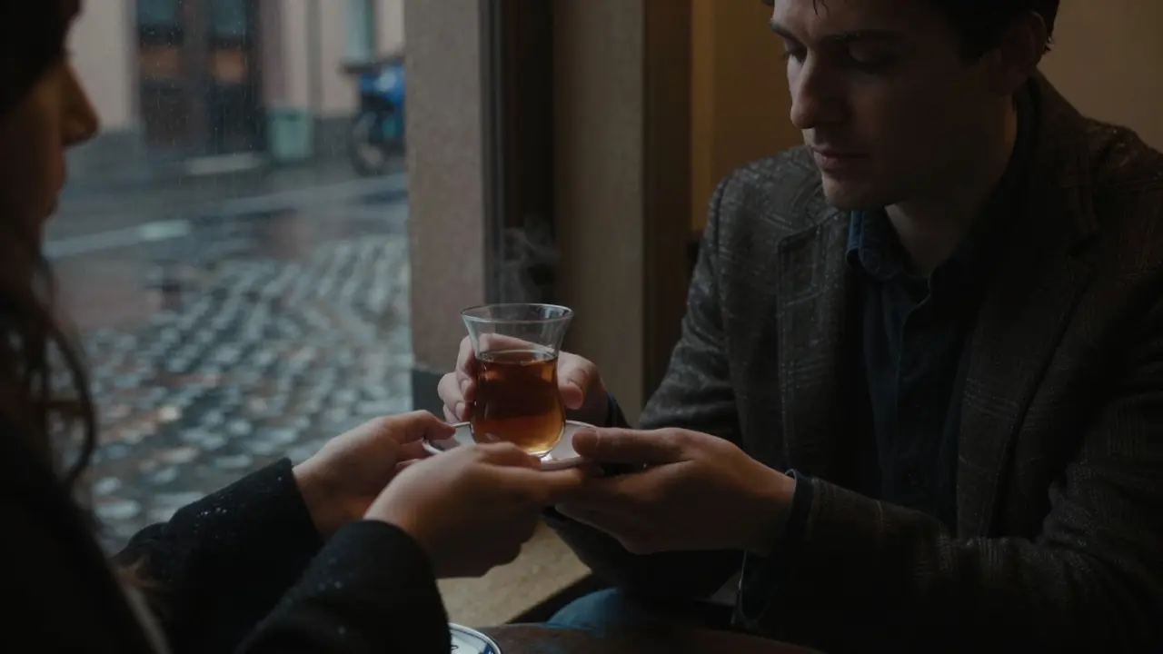 A woman offers tea to a man in a dimly lit Milan alley, rain glistening on cobblestones outside.