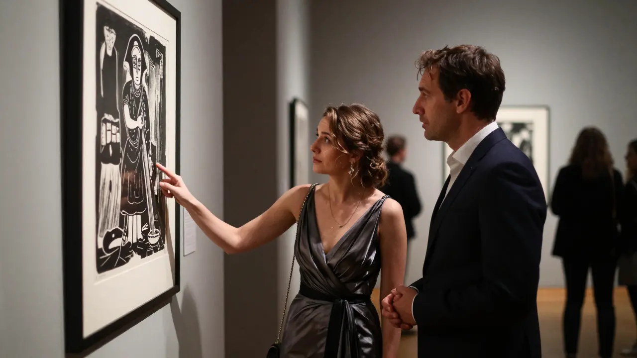 A woman pointing to a Käthe Kollwitz painting in a Berlin art gallery as a man looks on emotionally.