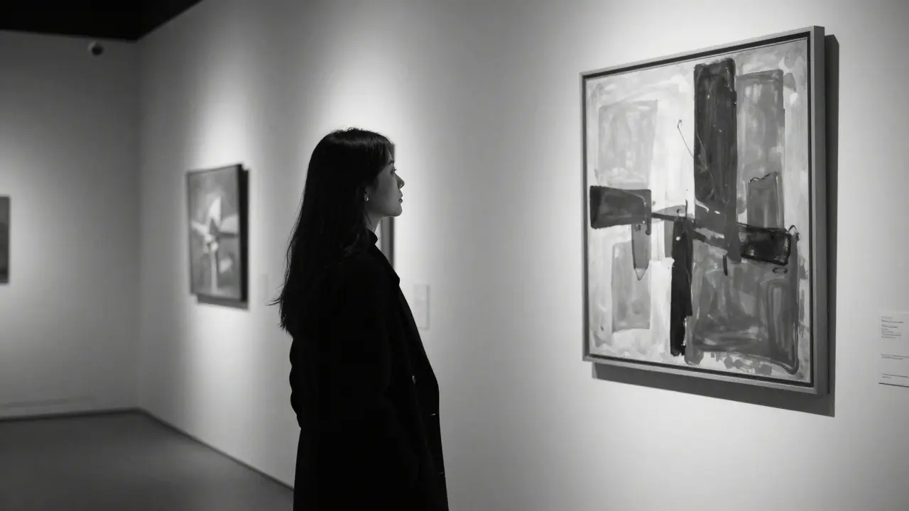 A woman reflects before an abstract painting in a quiet art gallery, illuminated by a single spotlight.