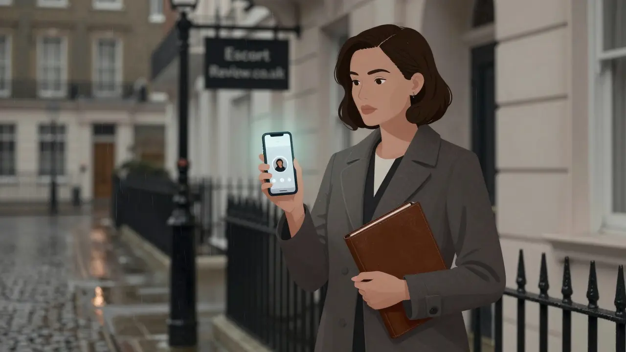 A woman standing outside a London townhouse, video calling on her phone, professional and cautious.