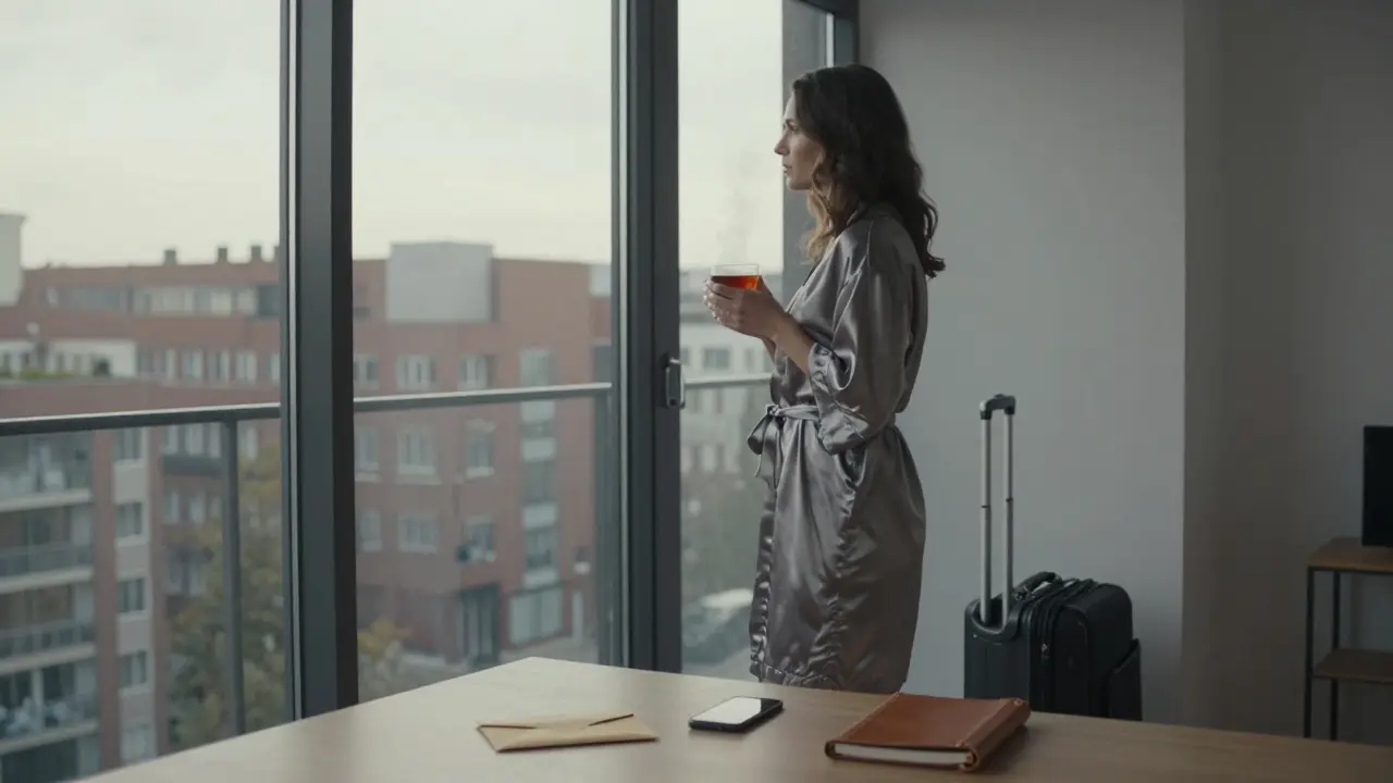 A woman stands alone at dawn in a Berlin apartment, holding tea, suitcase packed, privacy maintained.