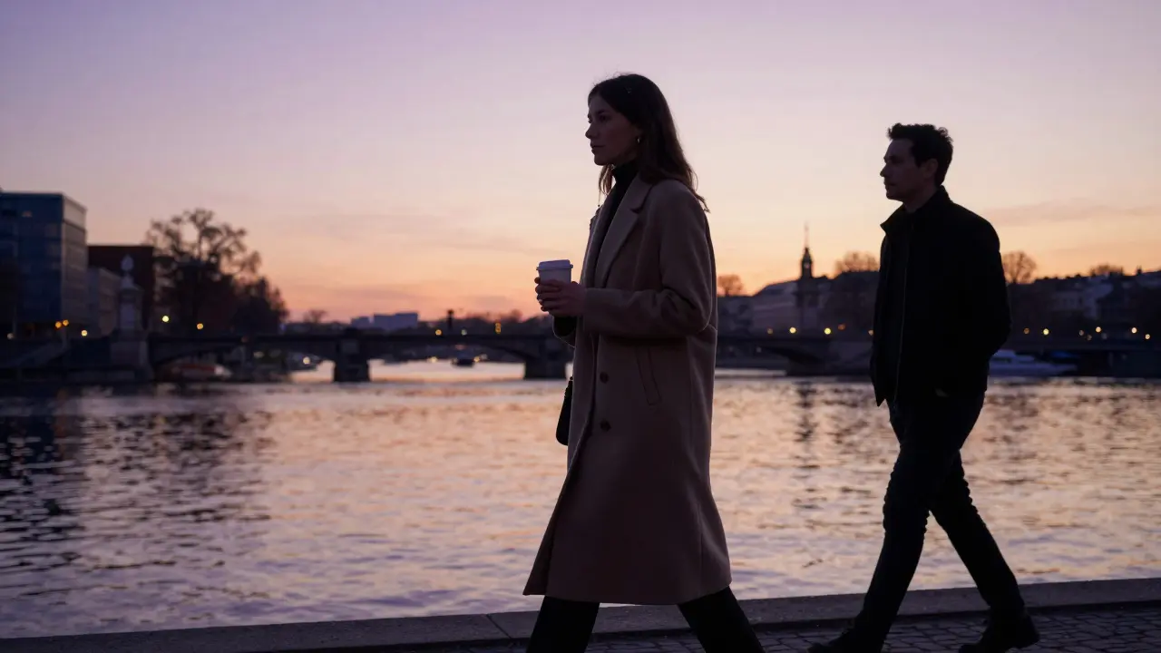 A woman walking along the Spree River at dusk, accompanied by a distant figure.