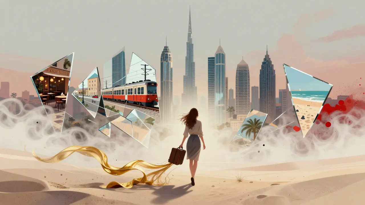 A woman walking from a mirror-city skyline, reflections of new lives fading into sand behind her.