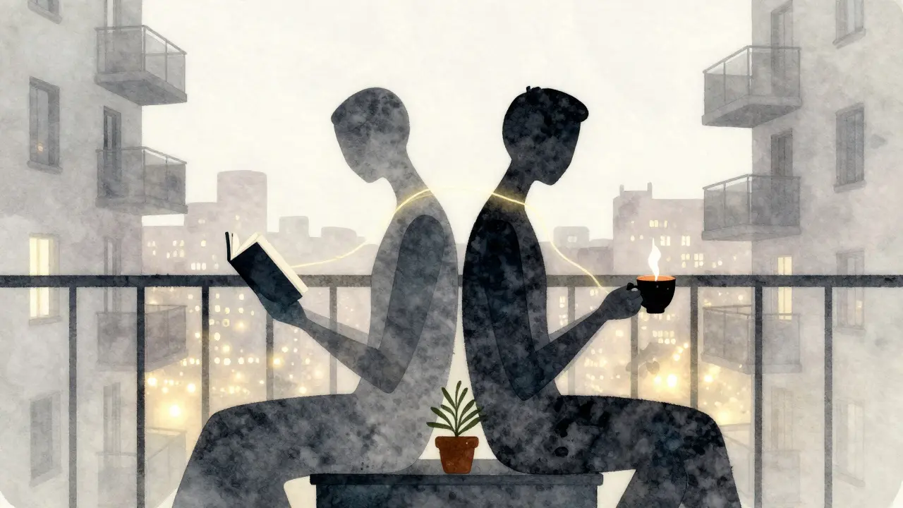 Abstract figures on a Berlin balcony connected by a golden thread, symbolizing quiet companionship.