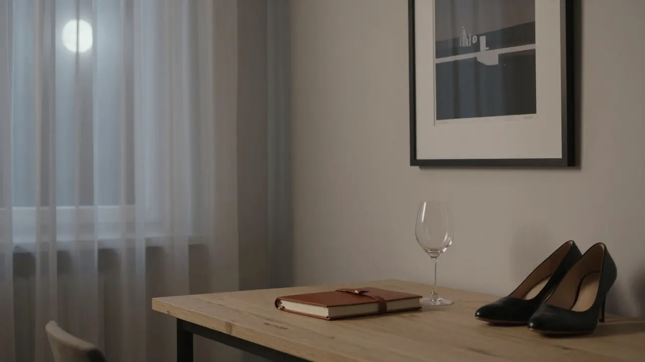 An empty luxury Berlin apartment at night, evoking quiet human presence.