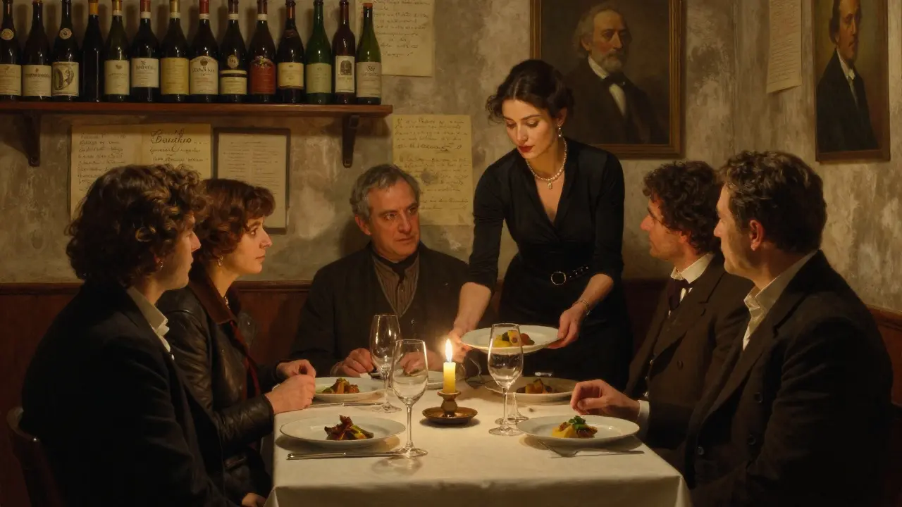 An intimate dinner in a hidden Milan basement restaurant, lit by candles with aged wine bottles on the shelves.