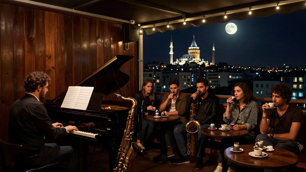 An intimate jazz club at night with a pianist playing, patrons sipping coffee, and city lights beyond.