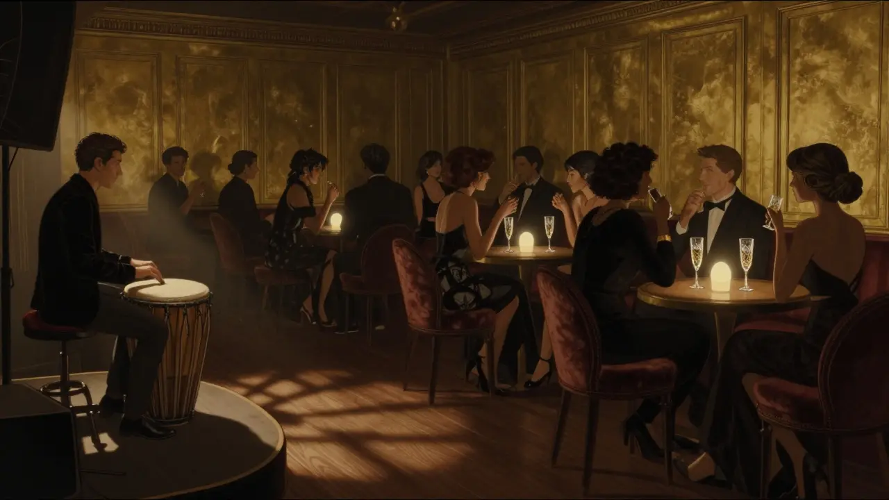 An intimate nightclub interior with a live percussionist and elegantly dressed guests sipping champagne in quiet rhythm.