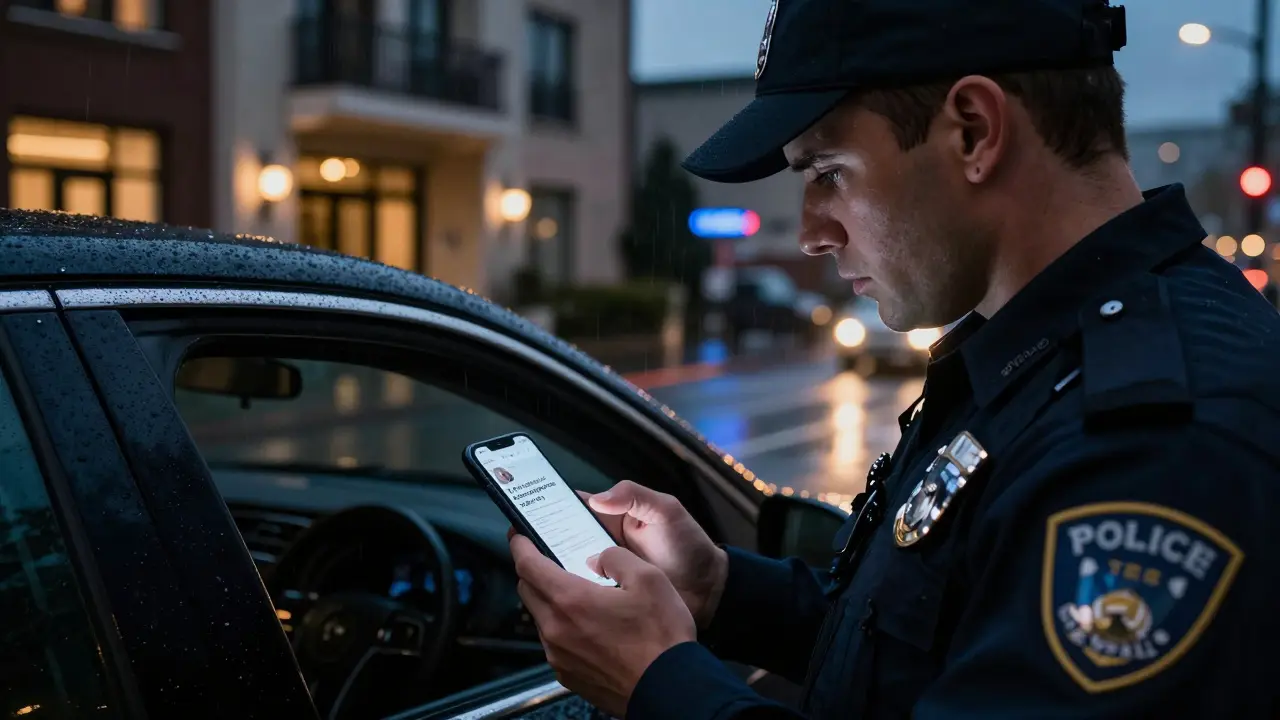 An undercover officer reviews a vague social media post on a smartphone in a darkened car outside an Abu Dhabi apartment.